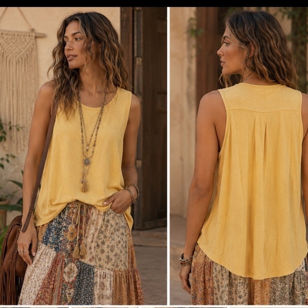 Free People Beach Mustard Yellow Hemp‎ Blend Pleated Back Tank Top XS